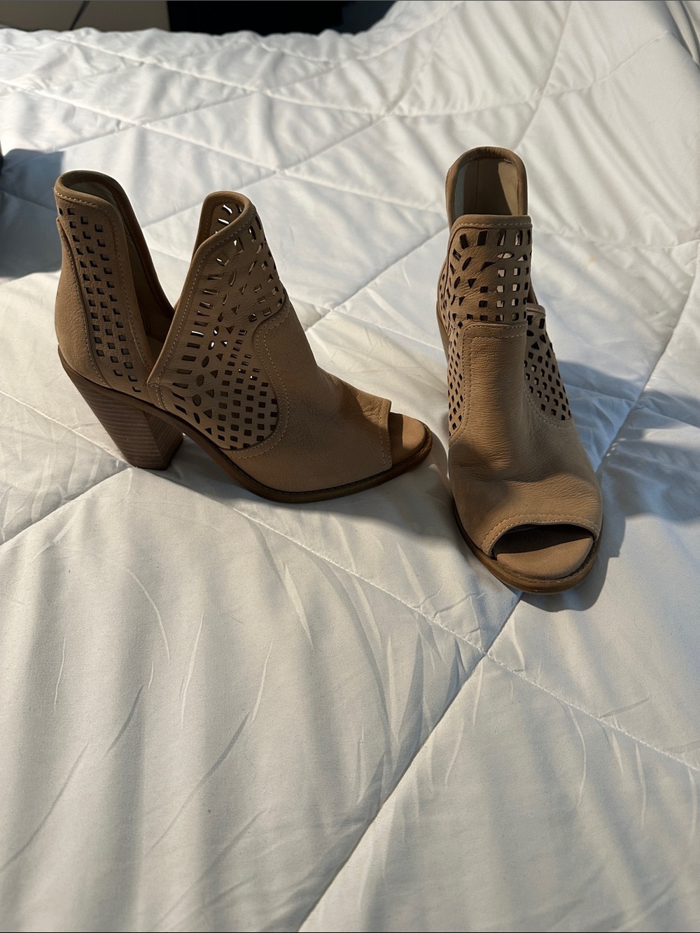Jessica Simpson Taupe Laser-Cut Peep-Toe Block Heel Booties